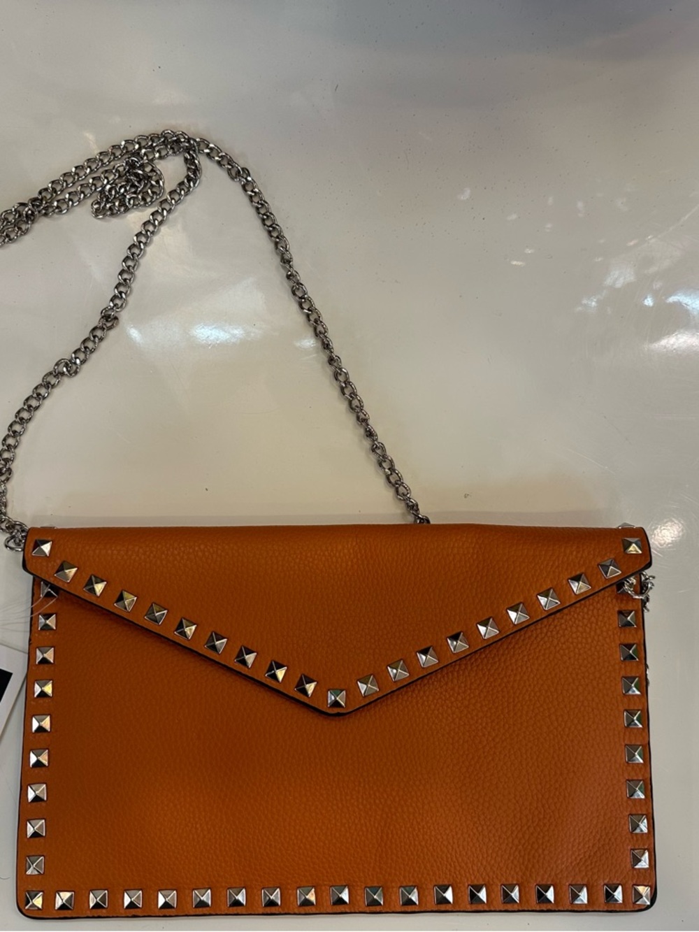 Orange Leather Stud-Trim Envelope Crossbody Bag with Chain Strap
